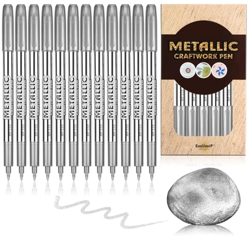 EooUooIP Bolígrafos De Marcadores De Plata Premium, 12 Piezas De Rotuladores Metálicos De Punta Fina Para Pintar Para Papel Negro, Vidrio, Pintura De Roca, Fabricación De Tarjetas