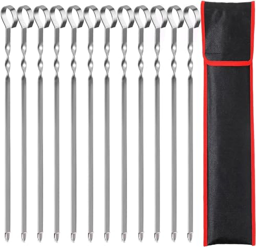 12 Stück Grillspieße, 39CM Grill Kabob Spieße Edelstahl Lange Spieße Schaschlikspieße Fleischspieße, für Lagerfeuer Oder Grillschale