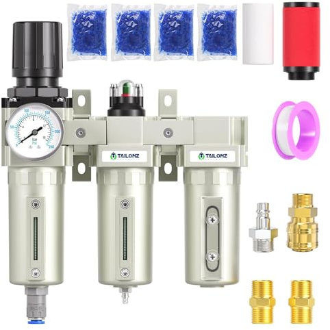TAILONZ PNEUMATIC 0-1.6MPA 1/2 Inch BSP Industrial Grade Three Stage Air Drying System, Particulate Filter, Coalescing Filter, Desiccant Dryer and Air Regulator (Automatic Drainage)