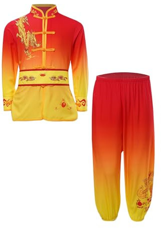 Zaldita pojkar Kung Fu uniform Tai Chi långärmad träningstopp med långa byxor kampsport kläder set kinesisk traditionell Wushu kostym, Röd gul, 134-140