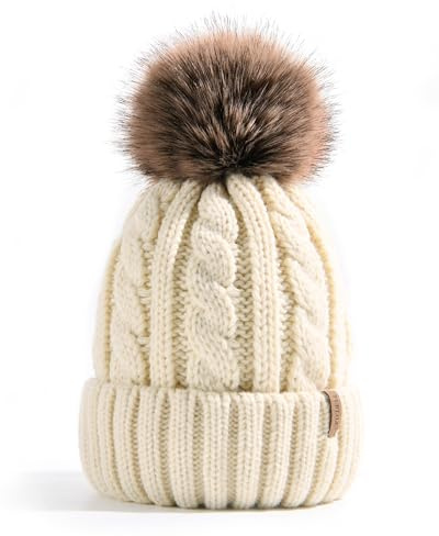 FURTALK Winter Beanie Mütze Damen Bommelmütze Gefüttert Kunstpelz Pom Pom Hüte Frauen Warm Stricken Schädeldecke