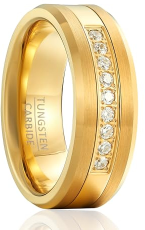 SOXEMAN Anello Nuziale in Tungsteno Larghezza 8mm, Costruzione a Strati con Zirconi Incastonati a Canale per Uomo e Donna (Misura USA) | Placcato Oro | Misura USA 13 (69,7 mm)