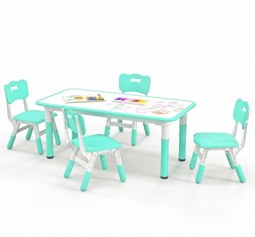 COSTWAY Kids Table and 4 Chairs Set, Height Adjustable Toddler Art Tables with Graffiti Desktop, 5-Piece Children Activity Furniture for Playroom, Daycare, School (Green)