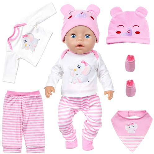 Puppenkleidung Set für 14-18 Zoll Baby Puppen, Rebornpuppenkleidung 30-43cm Kleidung Bekleidung Kleidung Puppen Zubehör mit Cute Pink Elephant Top Trousers Hat Bib Socks Geschenk für Kinder Mädchen