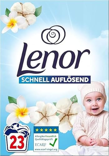 LENOR Lessive en poudre sensible, fleur de coton et fleur de tiaré, hypoallergénique