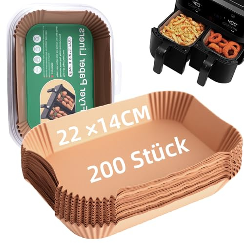 200 stycken bakpapper för varmluftsfritös Ninja, 22 x 14 cm, luftfryer bakpapper rektangulärt 9,5 l, BPA-fritt, non-stick för varmluftsfritös Ninja Foodi Max Dual Zon/Double Stack AF400EU SL400 AF300