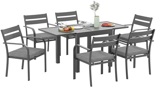Outsunny Set Tavolo da Giardino con Sedie da 7 Pezzi, Set da Pranzo con Tavolo Allungabile, 6 Sedie da Esterno Impilabili con Braccioli e Cuscini, Set di Mobili a Doghe in Acciaio Alluminio, Grigio