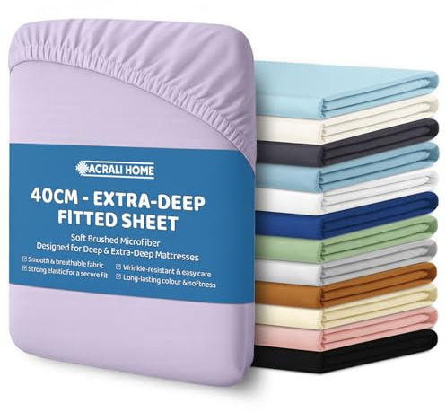 ACRALI HOME Double Fitted Sheet (190x137+40cm) - 40cm Extra Deep Pocket, Microfiber Lilac Bottom Sheet for Double Bed - Easy Care, Hotel Quality Soft Bedsheet, Breathable, Shrinkage and Fade Resistant