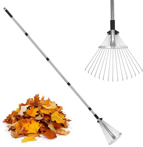 PEAKCLOUDS Adjustable Metal-Leaf Rake with Telescopic Handle - Lawn & Garden Tool for Grass, Leaves & Shrubs - Heavy Duty Yard Rake for Adults, Women & Kids