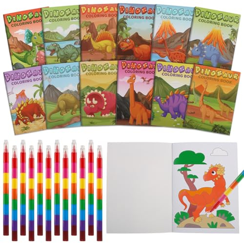 JWTRSVTY 24 PCS Mini Livres Coloriage Dinosaures Enfants, Set De Livres De Coloriage De Dinosaures, avec 12 Livres D'coloriage D'animaux Dinosaures et 12 Crayons Empilables(8 Couleurs En 1)