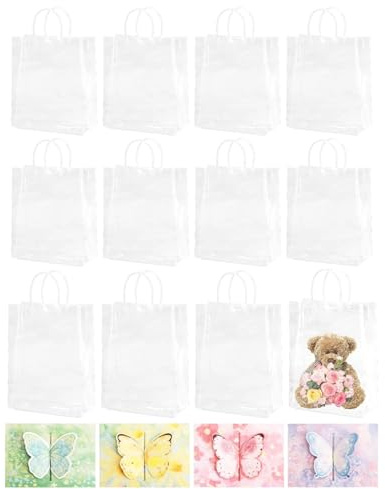 HENGBIRD Sacchetto Regalo Trasparente – Confezione da 12 Borse PVC Riutilizzabili con Manici Rinforzati e 4 Biglietti Farfalla, Sacchetto Regalo – Sacchettos Regalos per Matrimonio, Compleanno, Festa