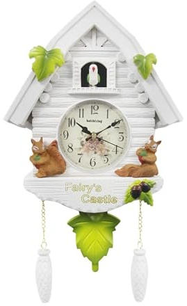 RUHTEUO Orologio a cucu Orologio a cucù da Parete Casetta for Uccelli Sveglie diurne a Pendolo Decorazioni for Soggiorno Domestico dei Bambini Orologio a cucu con Uccellino Che esce(White-Squirrel)