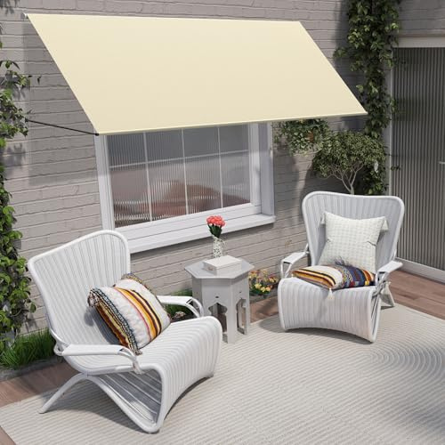 PEILU 235x145cm Fallarmmarkise Ausziehbare Markise aus 180g/m² Polyester & Aluminiumrahmen, Sonnenschutzmarkise mit Kette & Stützstange, Wetterfest Außen Wandmarkise für Balkon Fenster (Beige)