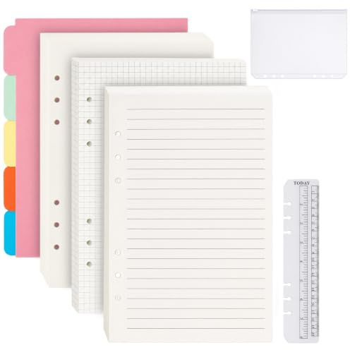 A5 Refill Paper, 3 Style, mit 5 Color Divider, Pocket, Ruler, for Notes | A5 Binder Inserts, 180 Sheets, 6 Hole A5 Binder Refill, Smooth Writing, Thick Paper, for Organizing Knowledge, Study Material
