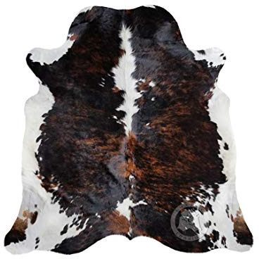 Sunshine Cowhides Genuine Cowhide Rug - Rustic Cowskin Carpet for Living Room, Bedroom, Dining, & Office - Thick Animal Skin for Floor, Wall, Table Décor - Large Dark Brindle Tricolor (6x6-7ft)