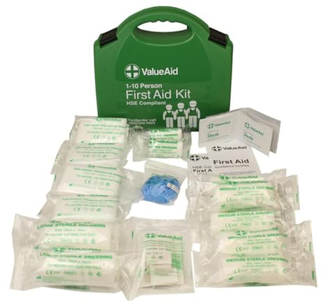 Value Aid HSE Compliant First Aid Kit for Workplace, Home & Car - CE Marked Contents, Double-Clasp Case with Handle - Complete Set for 1-10 People Includes Plasters, Bandages & Medical Supplies