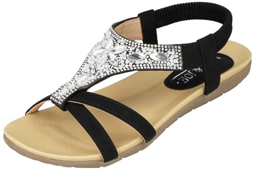 Jo & Joe Ladies Faux Leather Open Toe Sling Back T-Bar Diamante Gem Stone Flat Gladiator Summer Sandals Size 3-8