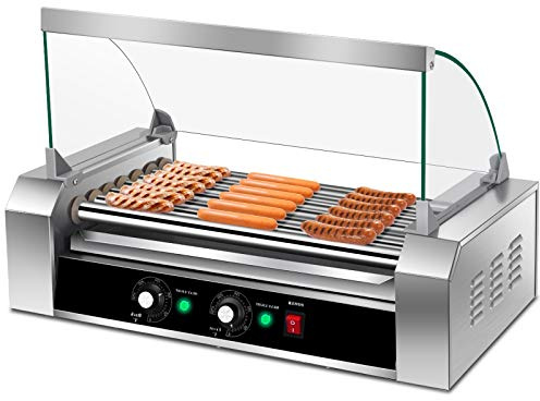 Happygrill Hot Dog Roller Machine, Electric Sausage Grill w/ 18 Hot Dog, 7 Non-Stick,Removable Stainless Steel Drip Tray and Glass Hood Cover,Commercial Household Hot Dog Grill Cooker