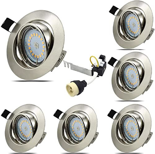 Allesgute 6X LED Downlights Ceiling Dimmable Recessed Down Lights Spotlights Brushed Chrome GU10 Light Fittings 30° Swiveling with 5W Bulbs Warm White