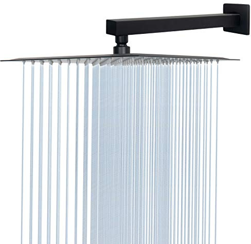 HarJue Shower Head with Extension Arm, High Pressure Square with ShowerArm, Stainless Steel Rainfall -Waterfall Full Body Coverage (12'' Shower with 16'' Arm, Matte Black)