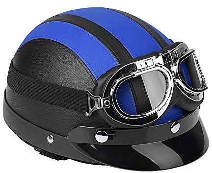 Vintage motorcycle helmet with glasses size, universal motorcycle scooter synthetic leather open face half helmet & visor UV glasses black(blue)