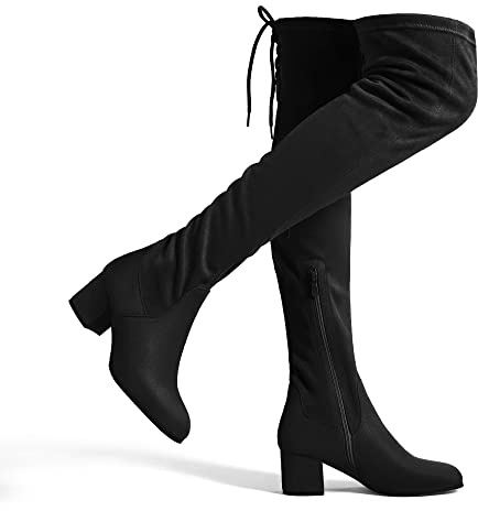 DREAM PAIRS Stivali sopra Il Ginocchio da Donna con Gambo Lungo in Pelle Scamosciata Caldi al Ginocchio con Tacco a Blocco,Size 36,Camoscio/Nero,Laurence-E