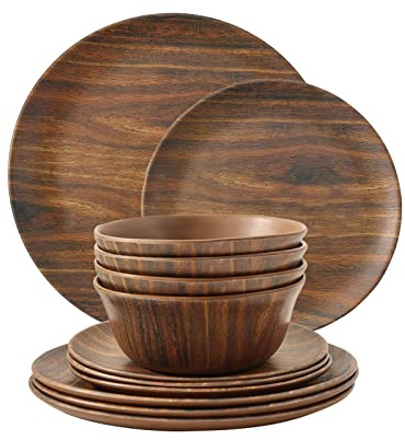 TP 12-Piece Melamine Dinnerware Sets, Plates and Bowls Dishes Set for 4, Break-Resistant & Non-Microwavable, Lightweight Dinner Plates, Wood Grain
