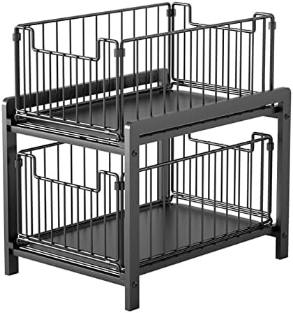 Wuudi 2 Tier Sliding Baskets Cupboard Organiser, Kitchen Cupboard Cabinet Organizer Basket, Pull-Out Mesh Baskets Drawer, Under Sink Extendable Steel Drawers