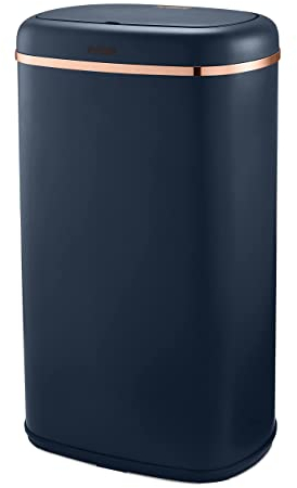 TOWER Cavaletto Square 58L Sensor Bin in Midnight Blue with Stylish Rose Gold Accents around the lid. Kitchen / Household Bin with Automatic Lid, T838010MNB