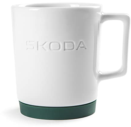 Skoda 6U0069601 Porzellantasse Kaffeetasse Tasse, weiß/grün, mit Silikonuntersetzer