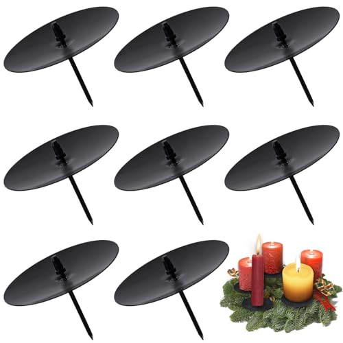 Kerzenhalter Adventskranz Ø 6cm, 8 Stück Advents Kerzenhalter für Stumpenkerzen, Metall Adventskerzenhalter mit Dorn Kerzenteller Kerzenständer für Adventskranz, DIY Advents Deko Weihnachten, Schwarz