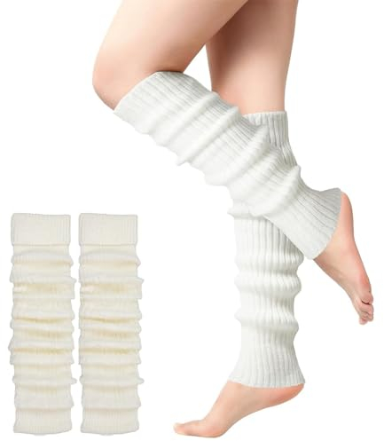 MUNSKT 1 Paar Beinwärmer für Frauen Mädchen, Schwarz oder Weiß Weiche Winter Stricksocken Athletic Stretch Kniehoch Damen Beinwärmer 80/90er Party Neon Ballett Tanz Eislaufen Zubehör, weiß, One size