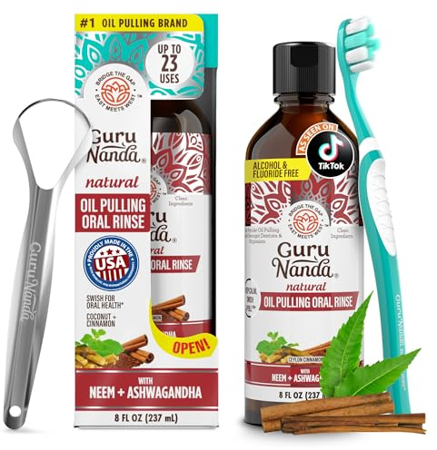 GuruNanda Cinnamon Oil Pulling Mouthwash, Promotes Calmness, with Neem & Ashwagandha for Fresh Breath & Happy Gums, Alcohol-Free, with Toothbrush & Tongue Scraper, 8 Oz