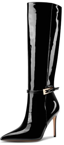 Aachcol Femmes Hauteur Genou Bottes Pointu Bout Aiguille Haut High Talon Heel Bottes Boucle Sexy Bottes longues Hiver Bottes Noir 45 EU