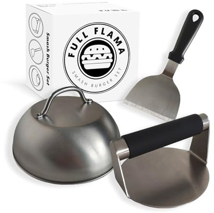 Full Flama - Kit Smash Burger Profesional | Aplastador de Hamburguesas de Acero Inoxidable con Mango de Silicona, Espátula y Campana | Certificación EU Contacto con Alimentos