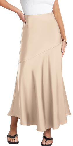 AIEOE Jupe longue en satin pour femme - Taille haute - Jupe midi - Jupe d'été - Jupe trapèze - Jupe d'affaires élégante - Jupe longue décontractée - Avec ourlet évasé - Taille S à XL, champagne, S