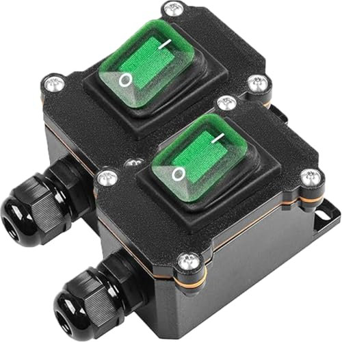 MKBKLLJY Inline-Kabelbox Wasserdichter Schalter 1-Wege-Anschlussdose PG9-Kabelverschraubung KCD4 Grünes LED-Licht DPST 4-Polig 2-Positionen-Umschalter EIN-AUS Selbstsperrend DC 12V 20A