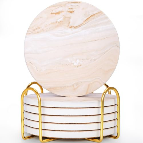 GOH DODD Coasters for Drinks Set of 6, Absorbent Marble Style Ceramic Coaster Tabletop Protection Home Decor with Metal Holder for Coffee Table Housewarming Gifts Wedding Party, Beige, Round, 4 Inch