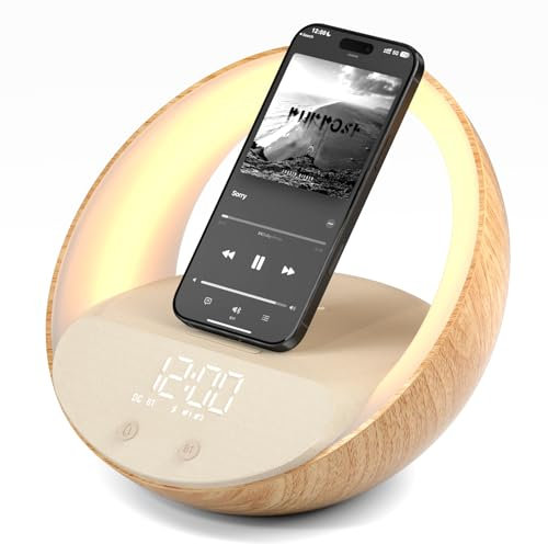 FUNFOR Alarm Clock with Wireless Charging, Speakers Bluetooth 5.3, 15W Wireless Charger Bedside Alarms Clocks, Sunrise Simulation Wake Up Night Light, Alarms Clocks for Kid's Bedroom Heavy Sleepers