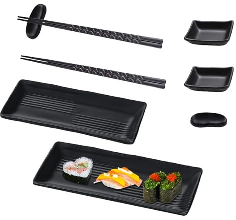 ARCPNRT Platos de Sushi 8 Piezas, Vajilla de Sushi con Palillos, Plato de Sushi Japonés, Vajilla Asiática, con 2 Pares de Palillos, 2 Portapalillos, 2 Platos, 2 Platos de Inmersión, Negro