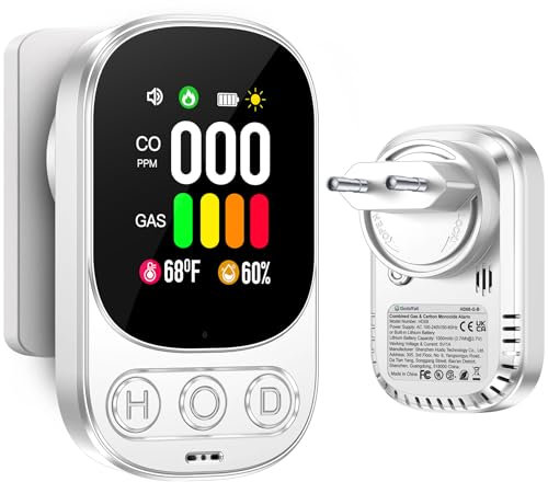 HAKINAKU Gas- und CO-Melder mit Stecker für Haus, CO-Warnmelder Kohlenmonoxidmelder, Gasmelder für Erdgas Stadtgas LPG Methan Propan Butan, mit Eingebauter 1000mAh Batterie, Weiß, HD08-G-B