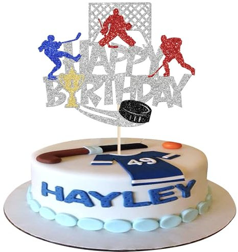 Xsstarmi 1 Packung Tortendeko Eishockey Geburtstag Tortenaufsatz Glitzer Hockeyspieler Kuchen Topper für Ice Hockey Spieler Geburtstag Jubiläum Zubehör für Party Kuchen Dekorationen Silber