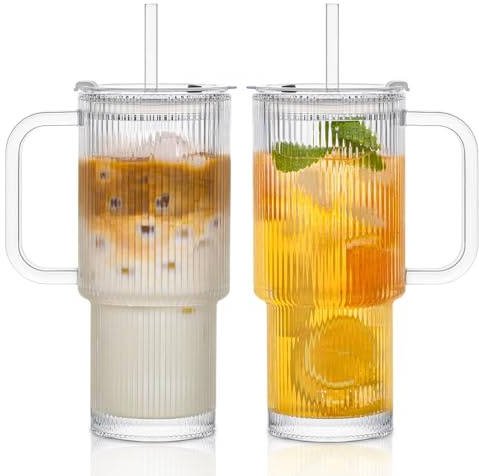 INSETLAN 24oz Ribbed Glass Tumbler with Handle & Lid – 2-Pack Large Iced Coffee Cups with Straws, Modern Glass Mug for Cold & Hot Beverages, Aesthetic Travel Cup for Smoothies, Tea, and Juice