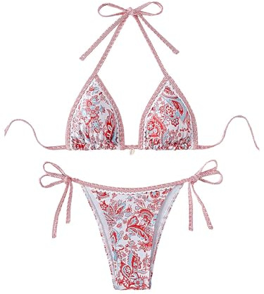 BYFINECANY Dambaddräkt, tvådelad, blomtryck, paisley-stil, sommarbikini, nackhållare