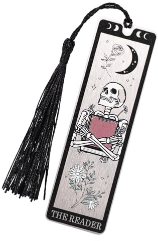 Tinoaly Marque-Page Gothique en Métal avec Motif Squelette de Tarot, Marque-Page Tête de Mort avec Pompons pour Femmes Hommes Accessoire Livre Amusant pour Noël Halloween Anniversaire (Noir)
