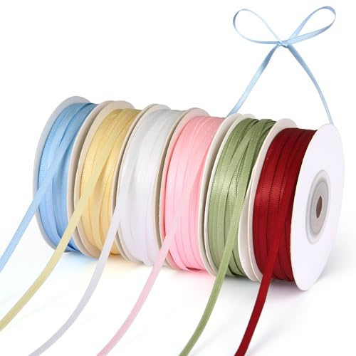 Tahbarshi Nastro Raso 270m, 6 Pezzi 3mm X 45m Nastrino per Bomboniere Nastro Doppio Raso per Artigianato, Confezionare Regali, Feste di Compleanno, Matrimoni