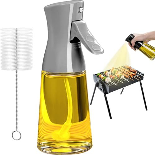 Pulverizador Aceite, 180ml Aceitera Spray en Vidrio Grueso con Cepillo de Limpieza, Rociador de Aceite de Neblina Fina para Distribución Uniforme, Cocina Saludable, Bajas Calorías, Parrilladas