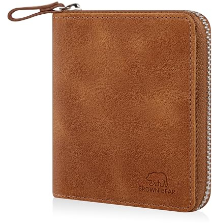 BROWN BEAR Geldbörse Reißverschluss Leder Vintage Braun für Damen & Herren | RFID-Schutz Portemonnaie mit Münzfach | Zip Geldbeutel Echtleder | BB Design 8009 CBR