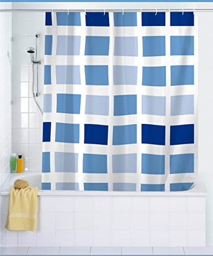 WENKO Duschvorhang Mosaik, Vorhang aus recyceltem Kunststoff (PE),für Dusche und Badewanne, wasserdicht, 180 x 200 cm, inkl. 12 Duschvorhangringen, Blau/Weiß