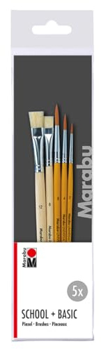 Marabu Pinselset School & Basic, 5 Malpinsel aus FSC-zertifiziertem Holz, 2 flache und 3 runde Pinsel, für Schule und Hobby, 0184000000200